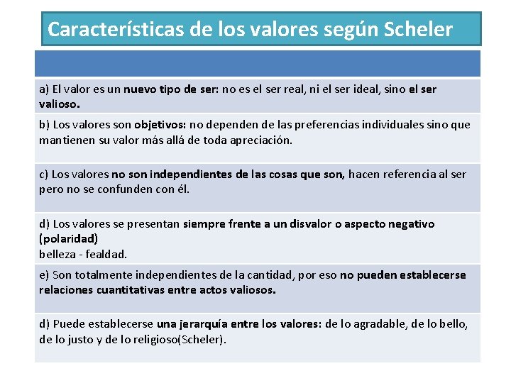 Características de los valores según Scheler a) El valor es un nuevo tipo de
