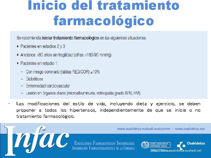 Inicio del tratamiento farmacológico • Las modificaciones del estilo de vida, incluyendo dieta y