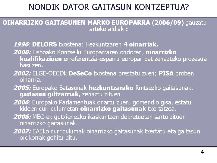 NONDIK DATOR GAITASUN KONTZEPTUA? OINARRIZKO GAITASUNEN MARKO EUROPARRA (2006/09) gauzatu arteko aldiak : 1996: