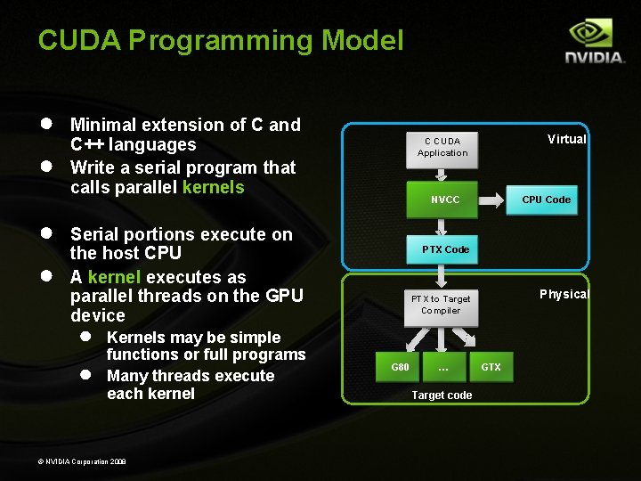 CUDA Programming Model ● ● Minimal extension of C and C++ languages Write a