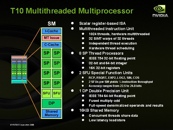 T 10 Multithreaded Multiprocessor ● ● ● © NVIDIA Corporation 2008 Scalar register-based ISA