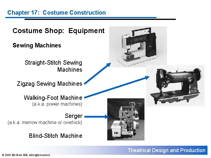 Chapter 17: Costume Construction Costume Shop: Equipment Sewing Machines Straight-Stitch Sewing Machines Zigzag Sewing