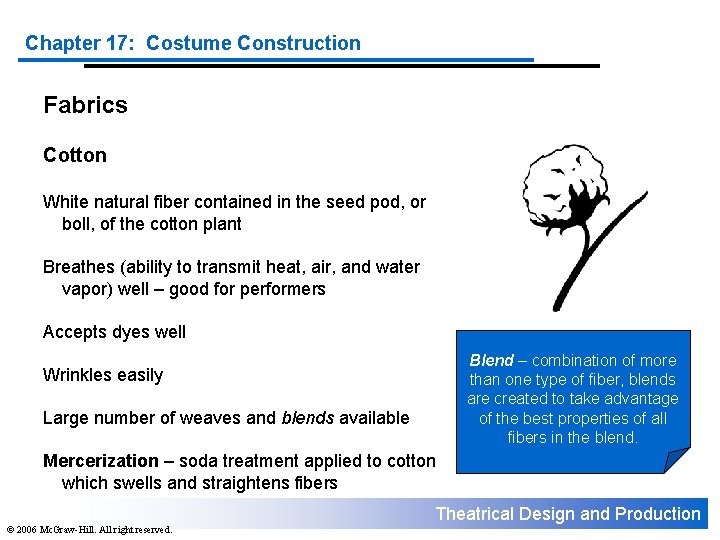 Chapter 17: Costume Construction Fabrics Cotton White natural fiber contained in the seed pod,