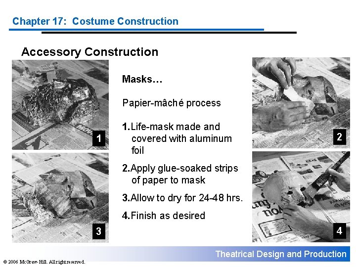 Chapter 17: Costume Construction Accessory Construction Masks… Papier-mâché process 1 1. Life-mask made and