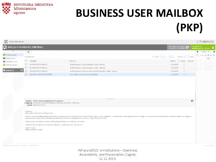 BUSINESS USER MAILBOX (PKP) INFuture 2015: e-Institutions – Openness, Accessibility, and Preservation, Zagreb, 11.