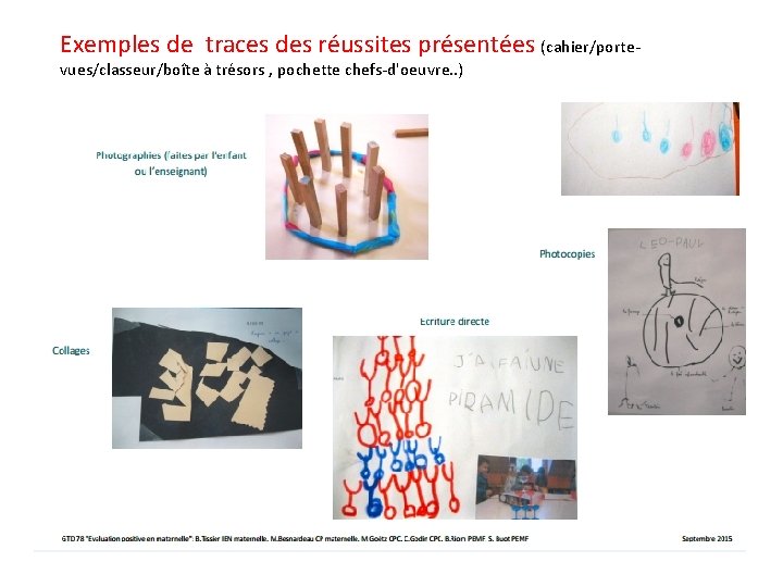 Exemples de traces des réussites présentées (cahier/portevues/classeur/boîte à trésors , pochette chefs-d'oeuvre. . )