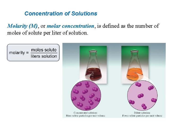 Concentration of Solutions Molarity (M), or molar concentration, is defined as the number of