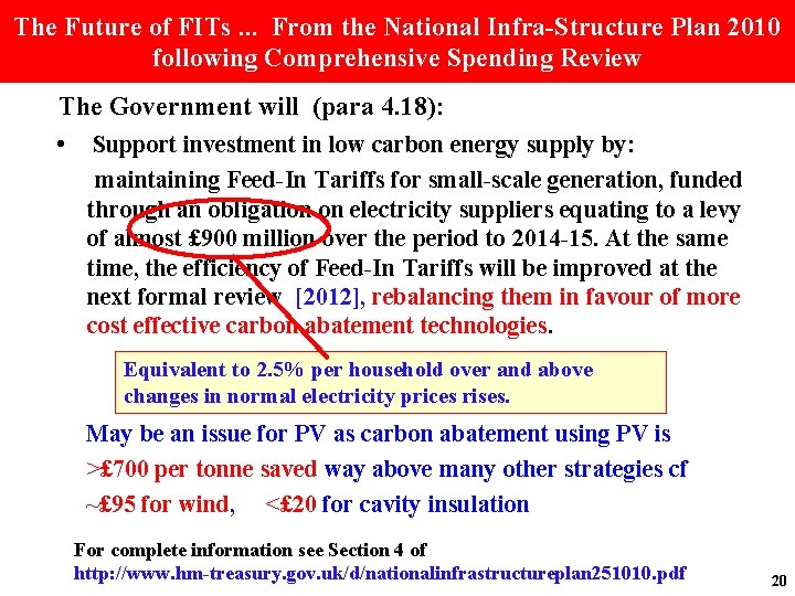 The Future of FITs. . . From the National Infra-Structure Plan 2010 following Comprehensive