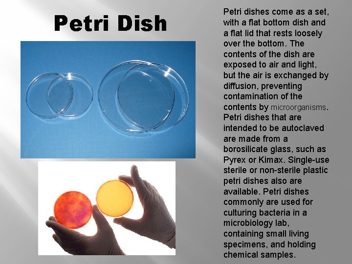 Petri Dish Petri dishes come as a set, with a flat bottom dish and
