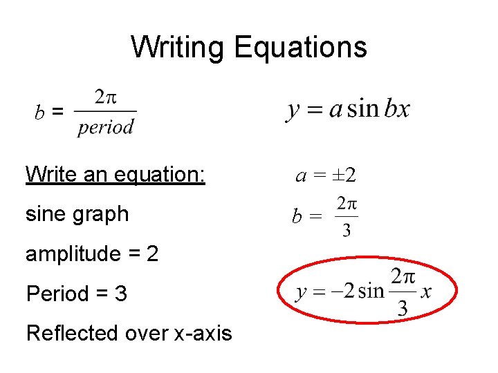 Writing Equations b= Write an equation: a = ± 2 sine graph b= amplitude