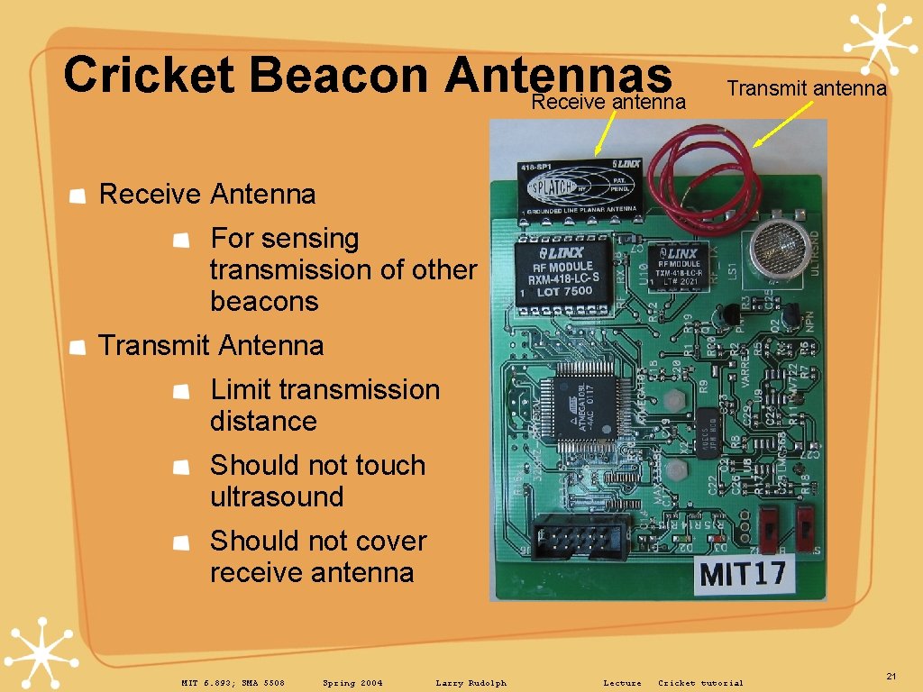 Cricket Beacon Antennas Receive antenna Transmit antenna Receive Antenna For sensing transmission of other