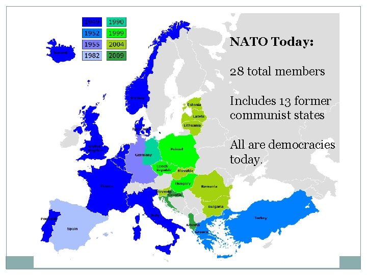 NATO Today: 28 total members Includes 13 former communist states All are democracies today.