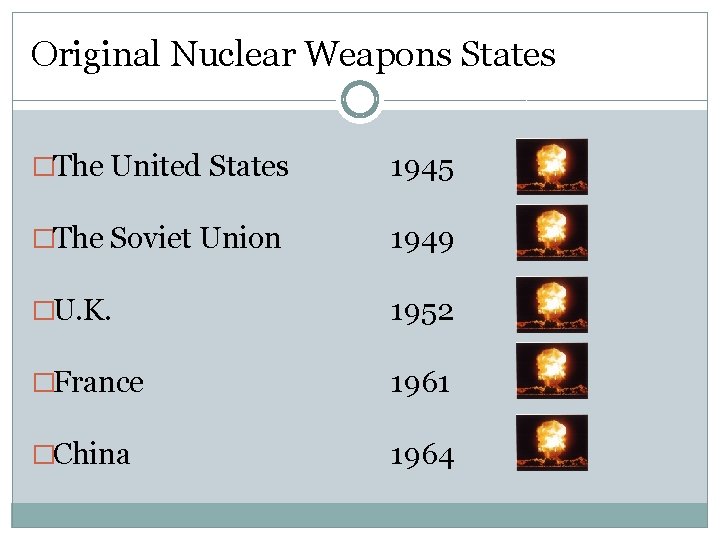 Original Nuclear Weapons States �The United States 1945 �The Soviet Union 1949 �U. K.