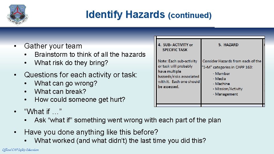 Identify Hazards (continued) • Gather your team • • • Questions for each activity