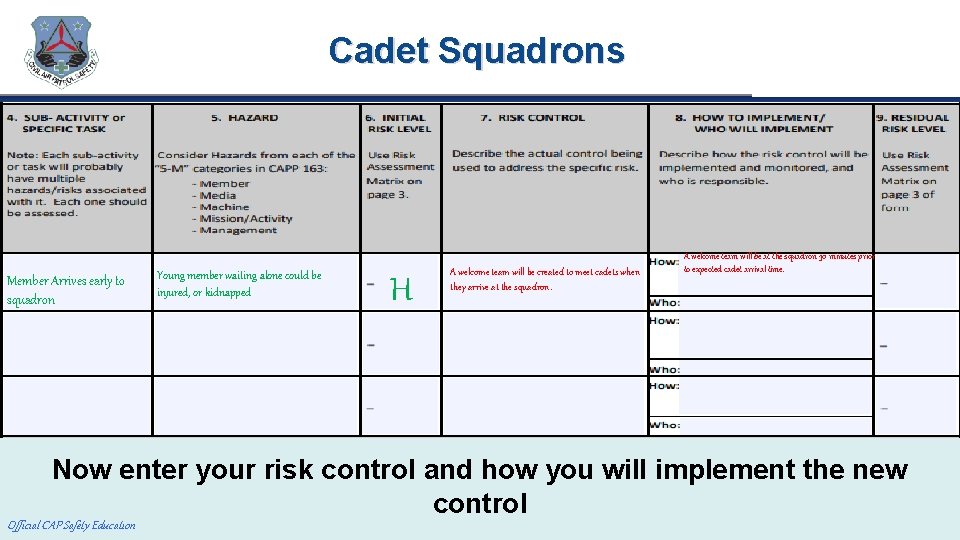 Cadet Squadrons Member Arrives early to squadron Young member waiting alone could be injured,