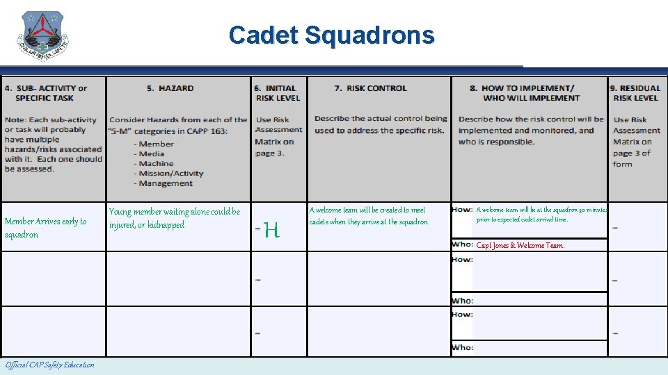 Cadet Squadrons Member Arrives early to squadron Official CAP Safety Education Young member waiting