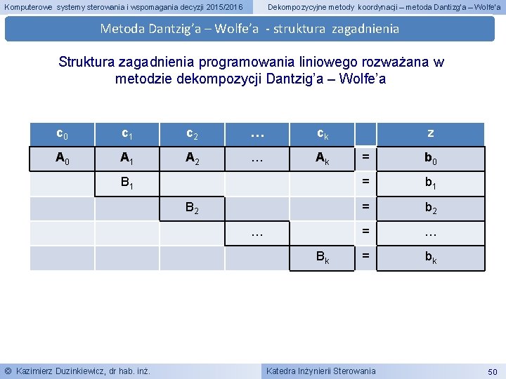 Komputerowe systemy sterowania i wspomagania decyzji 2015/2016 Dekompozycyjne metody koordynacji – metoda Dantizg’a –