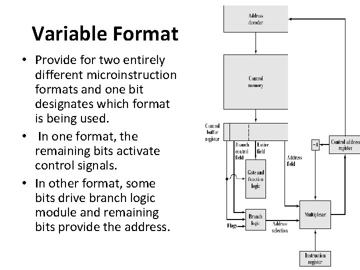 Variable Format • Provide for two entirely different microinstruction formats and one bit designates