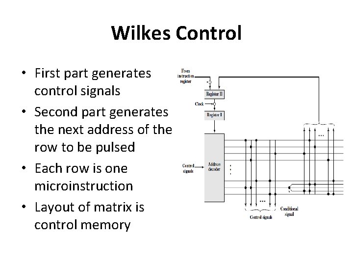 Wilkes Control • First part generates control signals • Second part generates the next