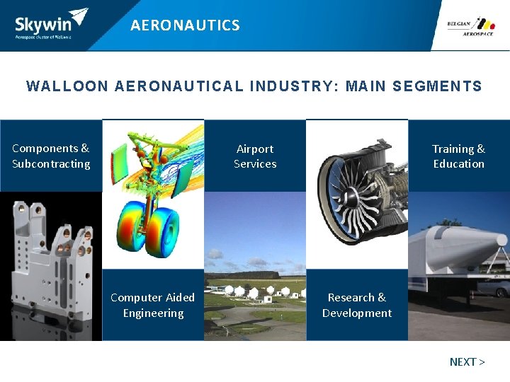 AERONAUTICS WALLOON AERONAUTICAL INDUSTRY: MAIN SEGMEN TS Components & Subcontracting Airport Services Computer Aided