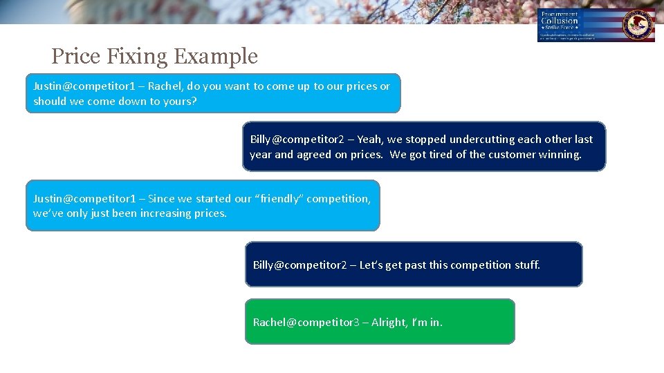Price Fixing Example Justin@competitor 1 – Rachel, do you want to come up to Price Fixing Example Justin@competitor 1 – Rachel, do you want to come up to
