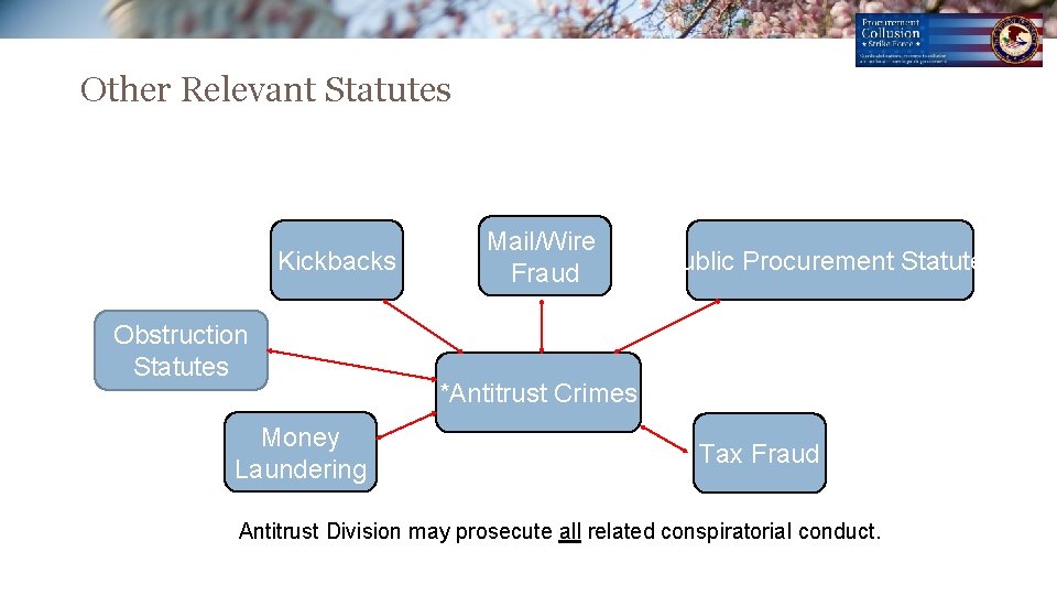 Other Relevant Statutes Kickbacks Obstruction Statutes Money Laundering Mail/Wire Fraud Public Procurement Statutes *Antitrust Other Relevant Statutes Kickbacks Obstruction Statutes Money Laundering Mail/Wire Fraud Public Procurement Statutes *Antitrust