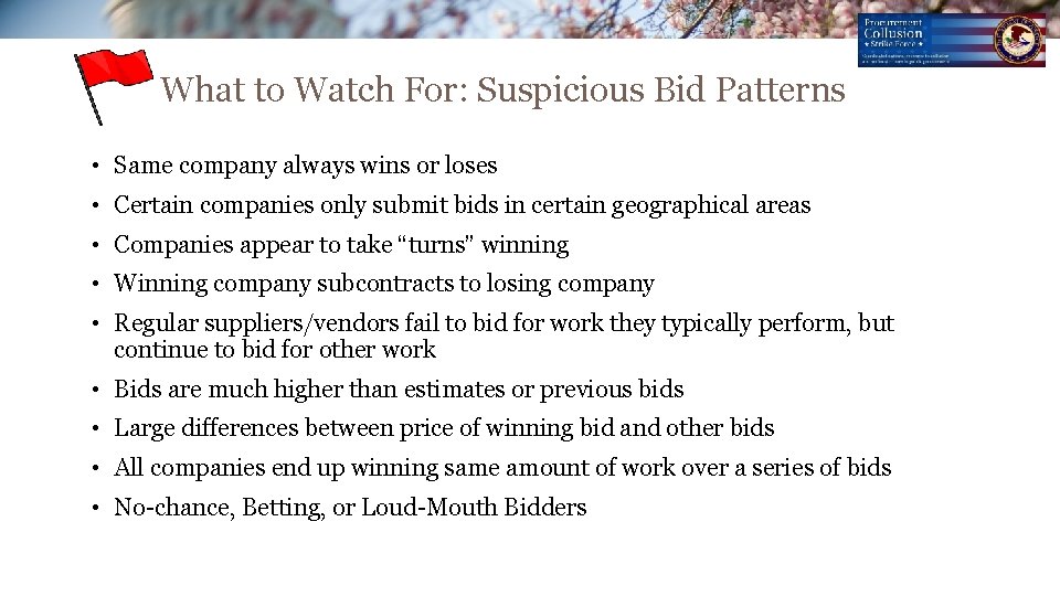 What to Watch For: Suspicious Bid Patterns • Same company always wins or loses What to Watch For: Suspicious Bid Patterns • Same company always wins or loses