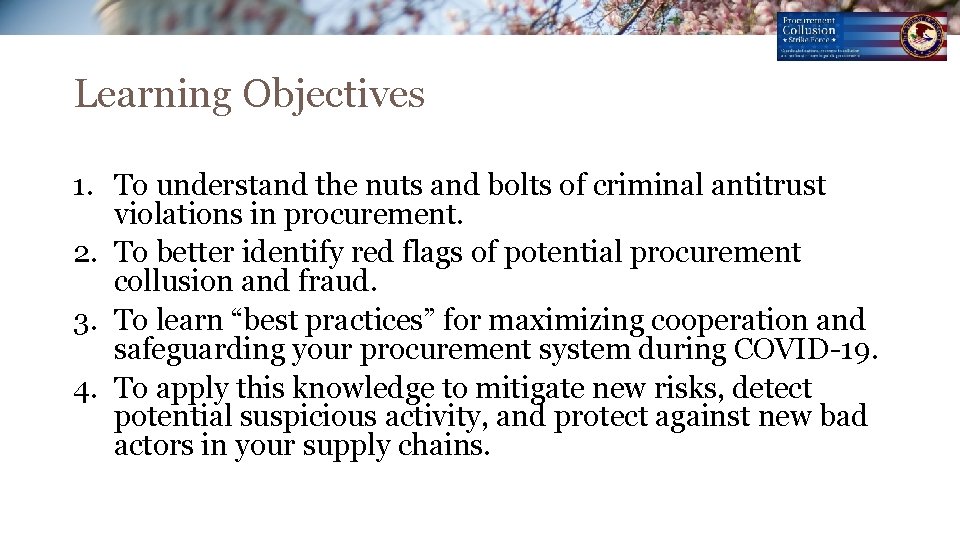 Learning Objectives 1. To understand the nuts and bolts of criminal antitrust violations in Learning Objectives 1. To understand the nuts and bolts of criminal antitrust violations in
