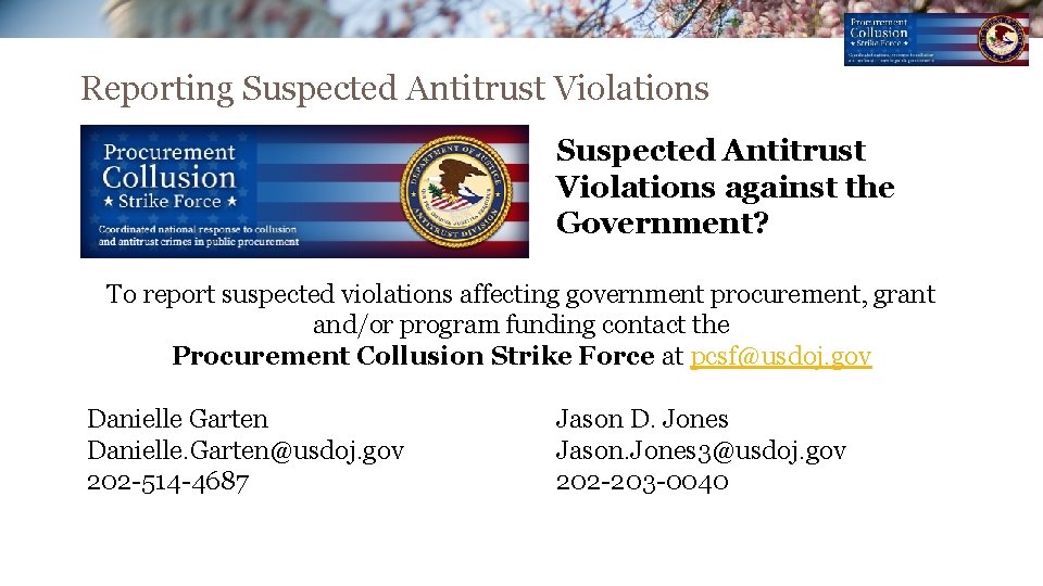 Reporting Suspected Antitrust Violations against the Government? To report suspected violations affecting government procurement, Reporting Suspected Antitrust Violations against the Government? To report suspected violations affecting government procurement,