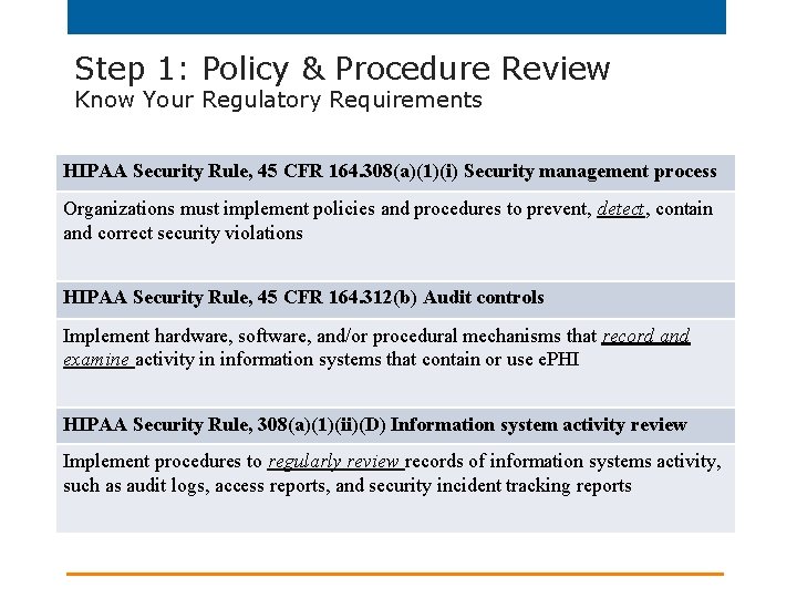 Step 1: Policy & Procedure Review Know Your Regulatory Requirements HIPAA Security Rule, 45