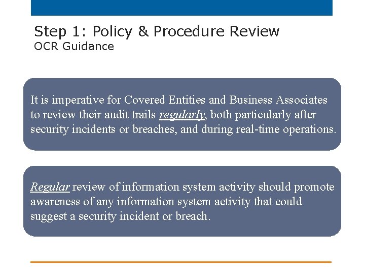 Step 1: Policy & Procedure Review OCR Guidance It is imperative for Covered Entities
