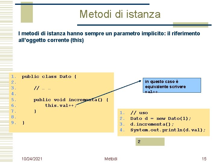 Metodi di istanza I metodi di istanza hanno sempre un parametro implicito: il riferimento