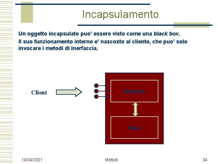 Incapsulamento Un oggetto incapsulato puo’ essere visto come una black box. Il suo funzionamento