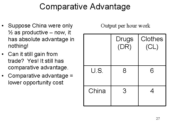 Comparative Advantage • Suppose China were only ½ as productive – now, it has