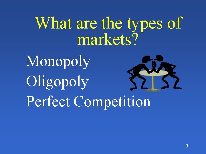 What are the types of markets? Monopoly Oligopoly Perfect Competition 3 