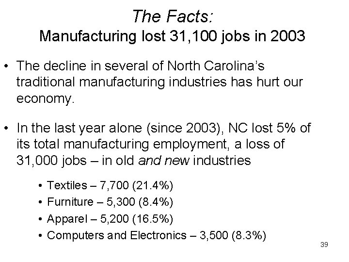 The Facts: Manufacturing lost 31, 100 jobs in 2003 • The decline in several