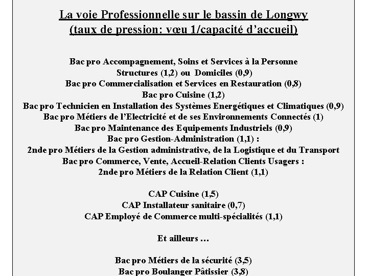 La voie Professionnelle sur le bassin de Longwy (taux de pression: vœu 1/capacité d’accueil)