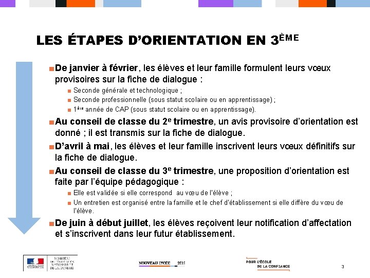 LES ÉTAPES D’ORIENTATION EN 3ÈME ■ De janvier à février, les élèves et leur