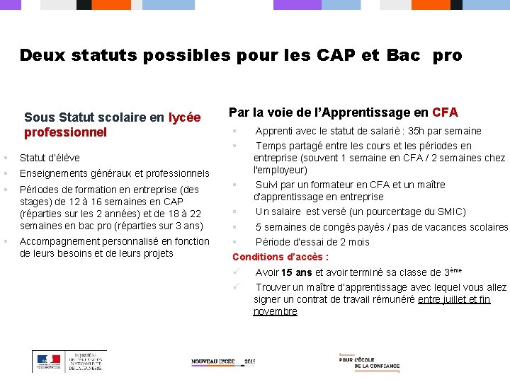 Deux statuts possibles pour les CAP et Bac pro Sous Statut scolaire en lycée