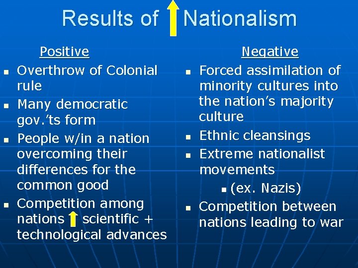 Results of n n Positive Overthrow of Colonial rule Many democratic gov. ’ts form