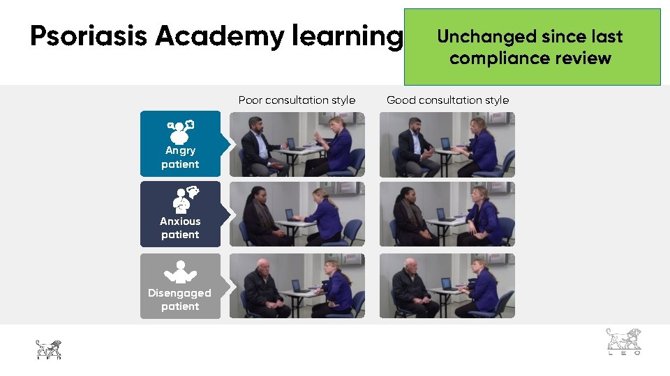 Unchanged since last Psoriasis Academy learning tools compliance review Poor consultation style Angry patient Unchanged since last Psoriasis Academy learning tools compliance review Poor consultation style Angry patient