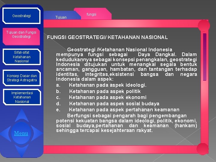 Geostrategi Tujuan dan Fungsi Geostrategi Sifat-sifat Ketahanan Nasional Konsep Dasar dan Strategi Astragatra Implementasi