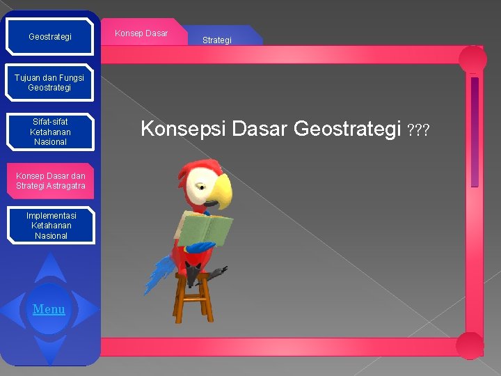 Geostrategi Konsep Dasar Strategi Tujuan dan Fungsi Geostrategi Sifat-sifat Ketahanan Nasional Konsep Dasar dan