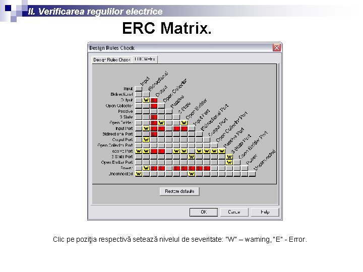 II. Verificarea regulilor electrice ERC Matrix. Clic pe poziţia respectivă setează nivelul de severitate: