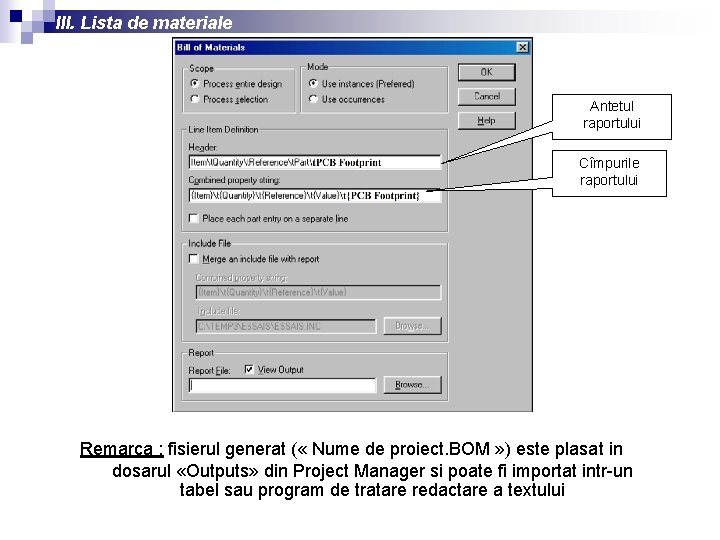 III. Lista de materiale Antetul raportului Cîmpurile raportului Remarca : fisierul generat ( «