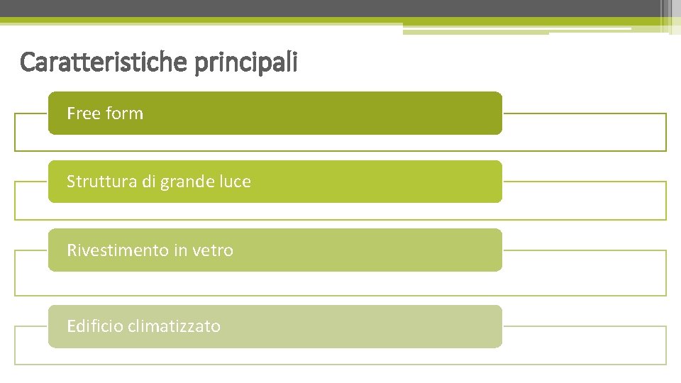 Caratteristiche principali Free form Struttura di grande luce Rivestimento in vetro Edificio climatizzato 