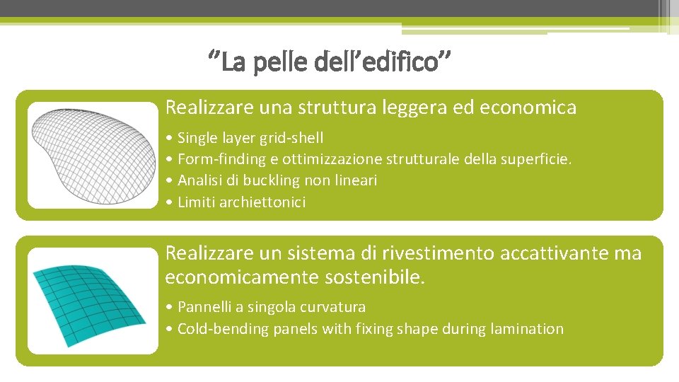 ‘’La pelle dell’edifico’’ Realizzare una struttura leggera ed economica • Single layer grid-shell •