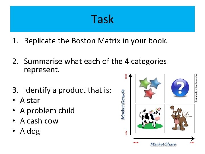 Task 1. Replicate the Boston Matrix in your book. 2. Summarise what each of