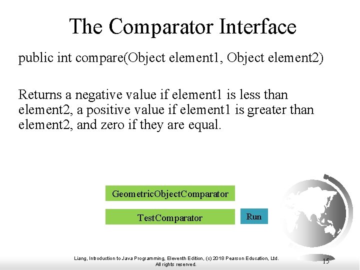 The Comparator Interface public int compare(Object element 1, Object element 2) Returns a negative