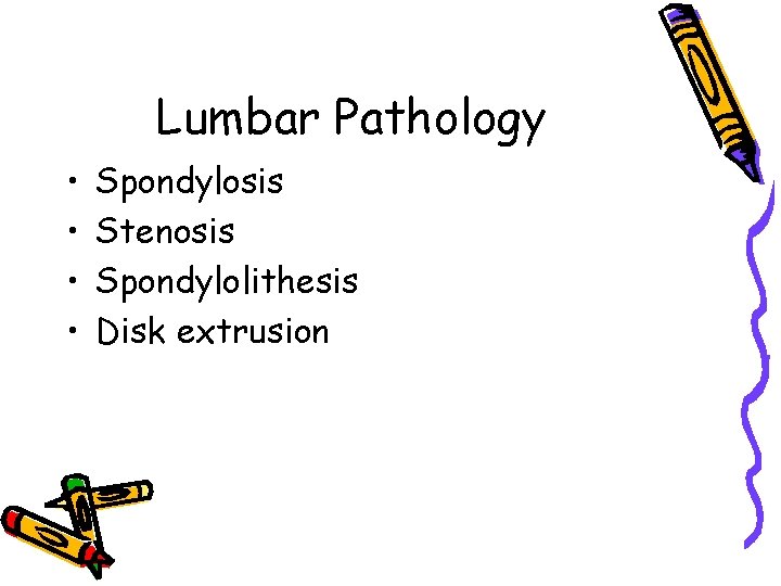 Lumbar Pathology • • Spondylosis Stenosis Spondylolithesis Disk extrusion 